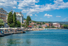 View Of Hotels And Sunshades On The Lungomare Promenade In The Town Of Opatija, Opatija, Kvarner Bay, Croatia