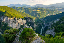 Aerial View Of The Gorge In Summer At Sunset, Furlo Gorge, Marche, Italy