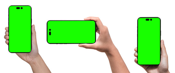 Wall Mural - Smartphone frameless mockup. Studio shot of green screen smartphone with blank screen for Infographic Global Business web site design app, Content for technology, iphone 14 