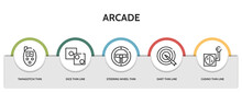 Set Of 5 Thin Line Arcade Icons With Infographic Template. Outline Icons Including Tamagotchi Thin Line, Dice Thin Line, Steering Wheel Dart Casino Vector. Can Be Used Web And Mobile.