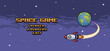 Pixel art space game home screen, game menu with rocket flying over earth 8 bit game background