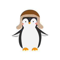 Wall Mural - Vector illustration of a cute penguin. Penguin in a fashionable hat with earflaps. Cute arctic animal in winter clothes. Vector illustration on the theme of winter. Children's illustration. 