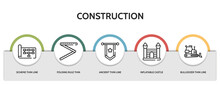 Set Of 5 Thin Line Construction Icons With Infographic Template. Outline Icons Including Scheme Thin Line, Folding Rule Thin Line, Ancient Inflatable Castle Bulldozer Vector. Can Be Used Web And