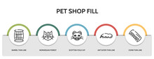 Set Of 5 Thin Line Pet Shop Fill Icons With Infographic Template. Outline Icons Including Barrel Thin Line, Norwegian Forest Cat Thin Line, Scottish Fold Cat Ant Eater Comb Vector. Can Be Used Web