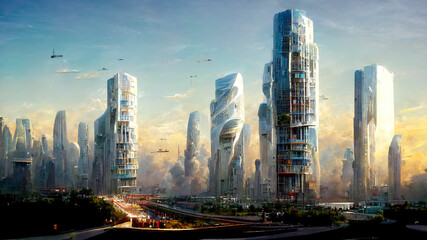 High-rise buildings, flying vehicles, and lush vegetation all coexist in futuristic fantasy cityscape. Spectacular digital art 3D illustration. Acrylic painting.