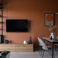 Wall Mural - Tv on orange wall in dining room