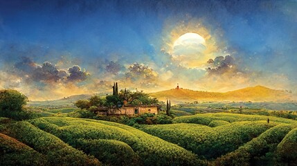 Wall Mural - Italian landscape, semi abstract painting, panorama tuscany hills. Printable wall art, digital illustration