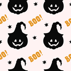 Poster - Seamless pattern with halloween elements and word boo on a light background. Minimal cartoon flat design. Vector Illustration