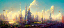 High-rise Buildings, Flying Vehicles, And Lush Vegetation All Coexist In Futuristic Fantasy Cityscape. Spectacular Digital Art 3D Illustration. Acrylic Painting.