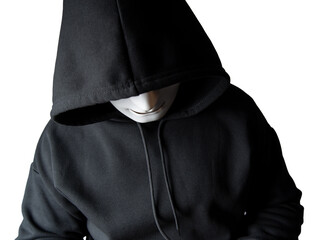 Wall Mural - A portrait of an anonymous hacker wearing a mask and a black hoodie sitting with his head tilted and terrifying with clipping path. Hacking and malware concept.