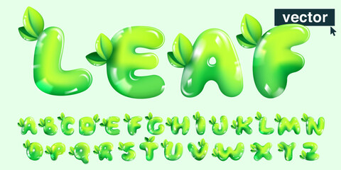 Eco alphabet in realistic 3D design and cartoon balloon style. Glossy green vector illustration.