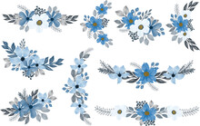 Set Of Blue Watercolor Floral Frame For Wedding Card