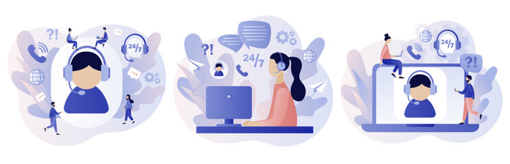 Poster - Customer service. Call center. Online support concept. Hotline operator in headset consults client. Modern flat cartoon style. Vector illustration on white background
