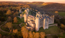 Arundel Castle In Arundel City, West Sussex, England, United Kingdom. Bird Eye View. Drone Point Of View.