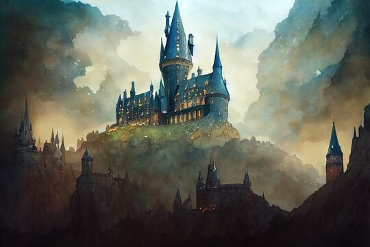 Wall Mural -  - Dark fantasy castle. Magician medieval city. With tall black tower. Fortress of the king with stone walls.  Watercolor art concept. Historical architecture painting. Sketch of magic city.