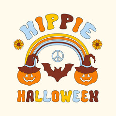 Wall Mural - Hippie groovy halloween vector illustration isolated on a light background. Retro graphic print with pumpkin, rainbow, peace symbol and text in style 70s, 80s