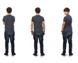 © curto - back view of same teenage boy standing, turned and looking at camera  on white background,