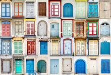 Collage Of Front Doors In Various Colors, Blue, Red, Green, Yellow, Beige, Brown. Fun Positive Wallpaper Background. Copy Space.