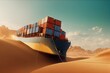 Cargo container ship stranded on the dessert