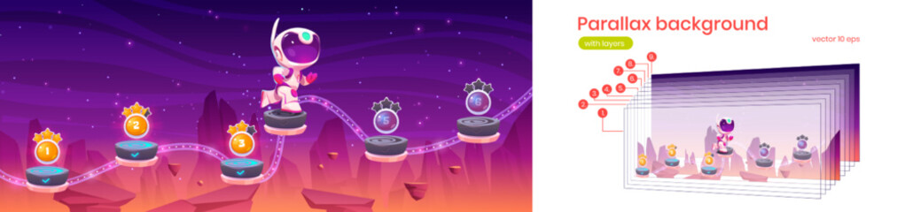 Poster - parallax background with astronaut jump on platforms with bonus assets on alien planet landscape. sp