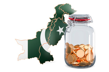 Poster - Pakistani map with glass jar full of golden coins, 3D rendering