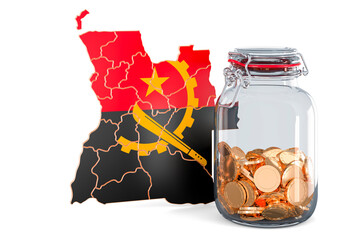 Wall Mural - Angolan map with glass jar full of golden coins, 3D rendering