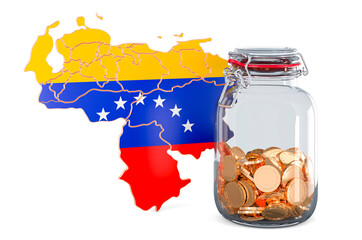 Poster - Venezuelan map with glass jar full of golden coins, 3D rendering