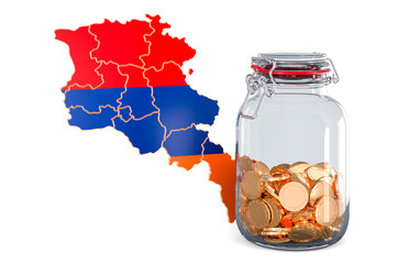 Poster - Armenian map with glass jar full of golden coins, 3D rendering
