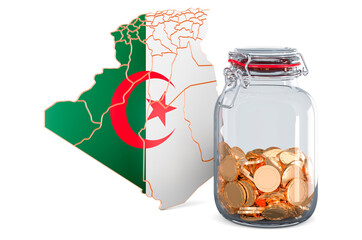 Poster - Algerian map with glass jar full of golden coins, 3D rendering