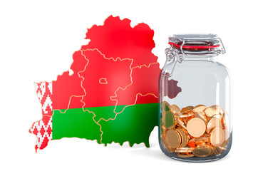 Poster - Belarusian map with glass jar full of golden coins, 3D rendering
