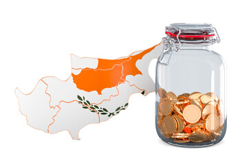Poster - Cypriot map with glass jar full of golden coins, 3D rendering