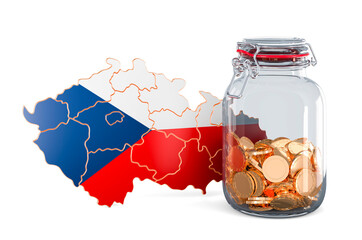 Poster - Czech map with glass jar full of golden coins, 3D rendering
