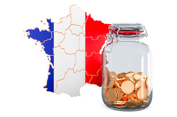 Poster - French map with glass jar full of golden coins, 3D rendering