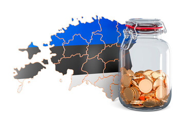 Poster - Estonian map with glass jar full of golden coins, 3D rendering