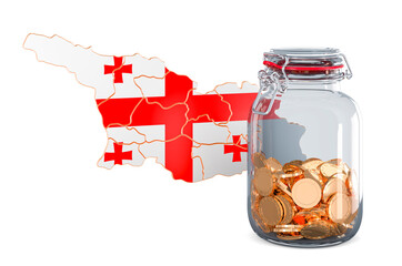 Poster - Georgian map with glass jar full of golden coins, 3D rendering