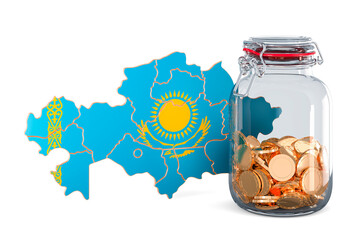 Poster - Kazakh map with glass jar full of golden coins, 3D rendering