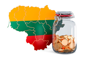 Poster - Lithuanian map with glass jar full of golden coins, 3D rendering