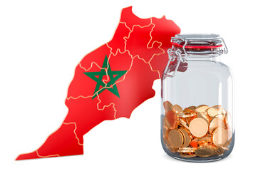 Poster - Moroccan map with glass jar full of golden coins, 3D rendering