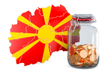 Poster - Macedonian map with glass jar full of golden coins, 3D rendering