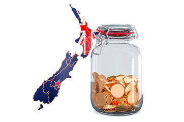 Poster - New Zealand map with glass jar full of golden coins, 3D rendering