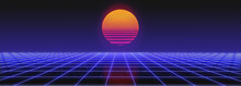 3d Abstract 1980's Retrowave, Cyberpunk Background With Copy Space, Neon Perspective Grid