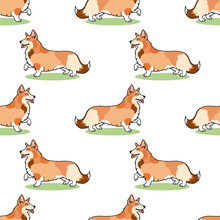 Vector Illustration Seamless Pattern Character Cartoon Cute Chibi Anime Funny Brown Dog Welsh Corgi On A White Background. Cartoon Welsh Corgi Dog With Tongue Sticking Out