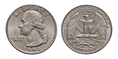 close-up of a us quarter dollar 1994, png, isolated on transparent background