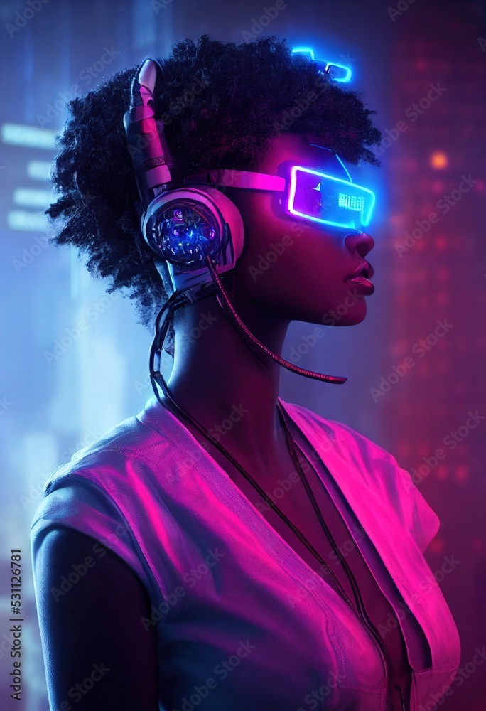 A realistic portrait of a ebony girl wearing a cyberpunk headset and ...