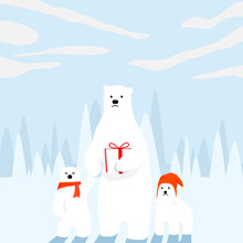 Polar Bear Family  The Mother Bear Stood Holding A Gift Box And Held The Hand Of A Polar Bear Cub Who Was Wearing A Scarf And Wearing A Red Knit Hat.