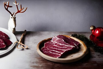 Closeup shot of a raw steak on the wooden background