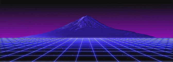 Wall Mural - 3d abstract 1980's retrowave, cyberpunk background with copy space, neon perspective grid and the mountain with the snow peak