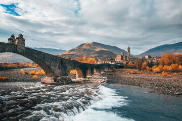 bridge of bobbio landscape at autumn time in the morning