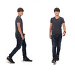 © curto - front and side view of  same teenage boy walking on white background,