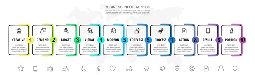 Vector line infographics with 10 rectangles. Business concept graphic process template with ten steps and labels. Graphic timeline for step by step, app, website, chart, web, diagram, presentations
